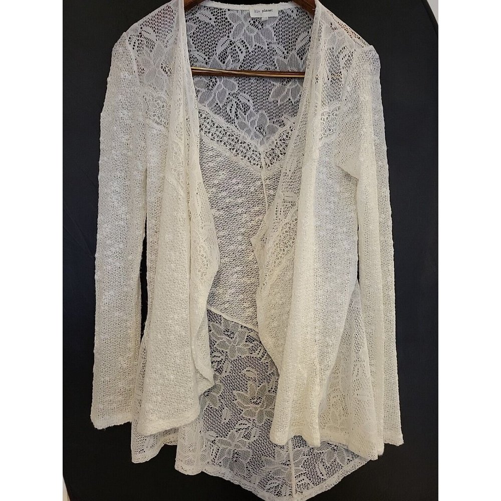 Small Blu Planet open white crochet Textured Knit Long Sleeve Boho cardigan Top